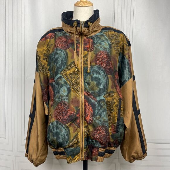 Vintage‎ Abstract Print Silk Bomber Jacket- Retro Art Pattern - Bronze, Teal - L - Picture 1 of 16